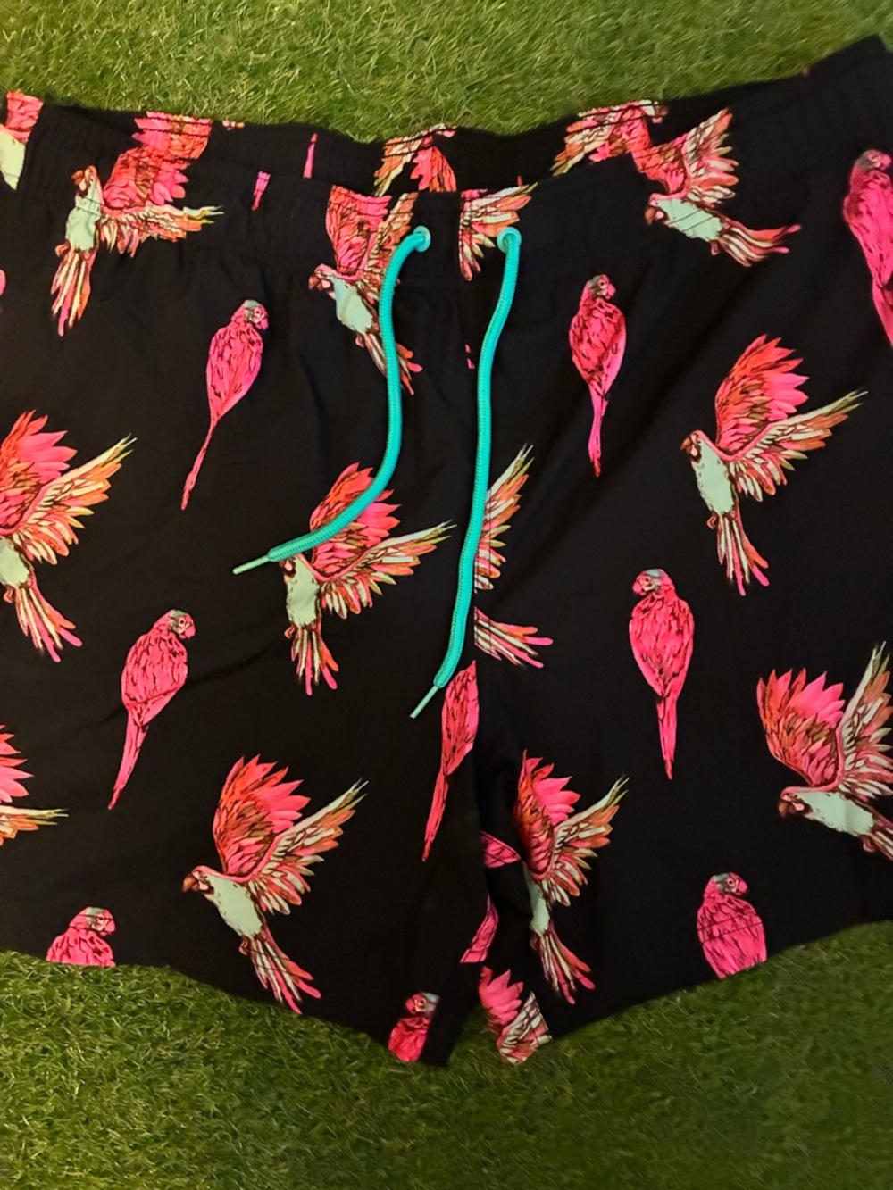 George Black Swim Shorts with Pink Floral Print and Turquoise Drawstring - Picture 2 of 5